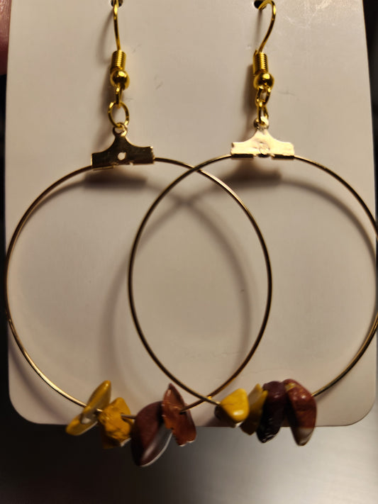 Gold Colored Hoop Earrings Earth Toned Colored Rocks