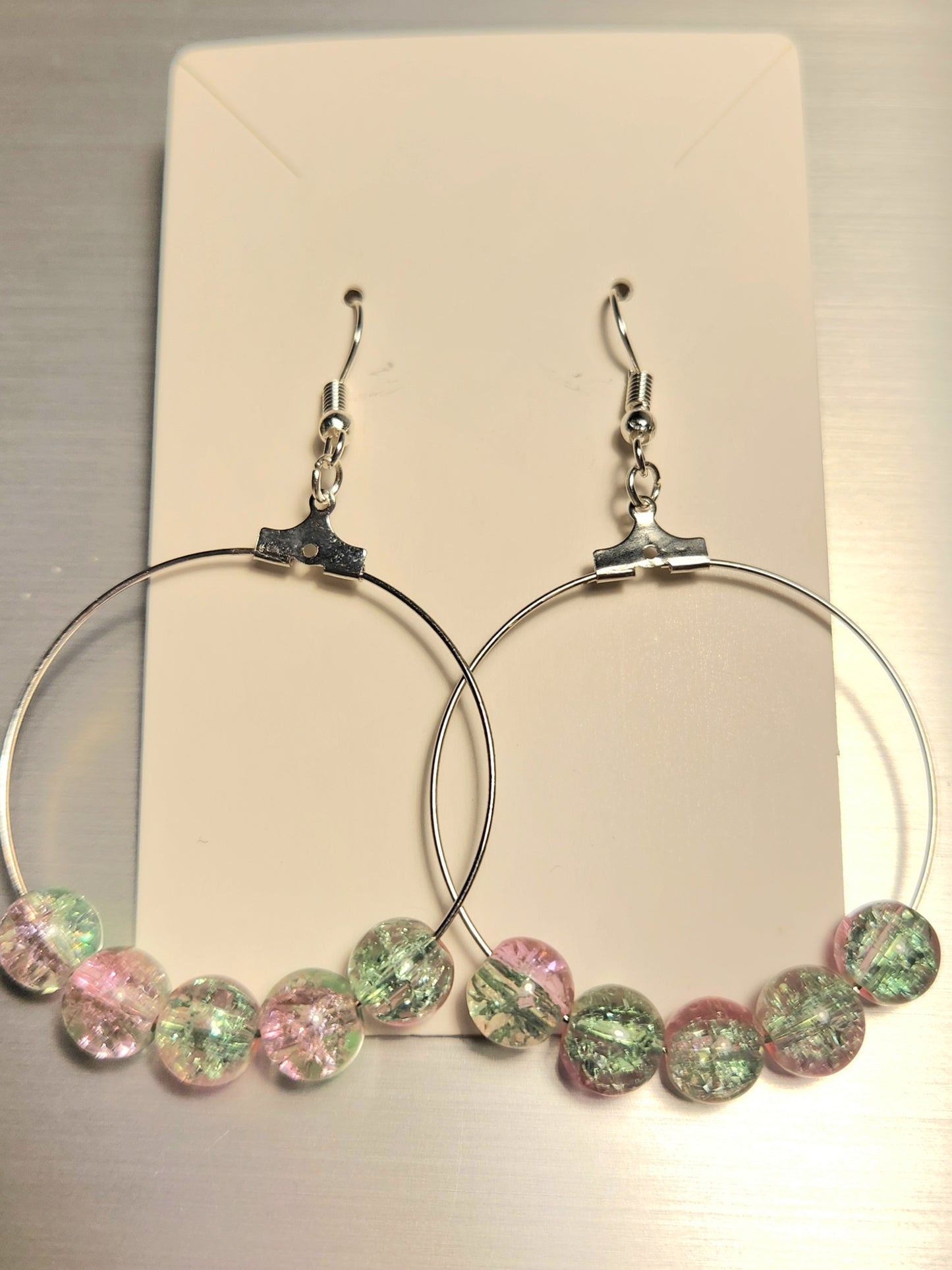 Silver Hoop Earrings with Pink-Lime Green Colored Beads