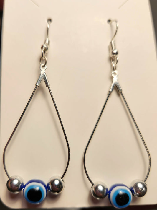 Silver Ojo Teardrop Earring with Silver Beads