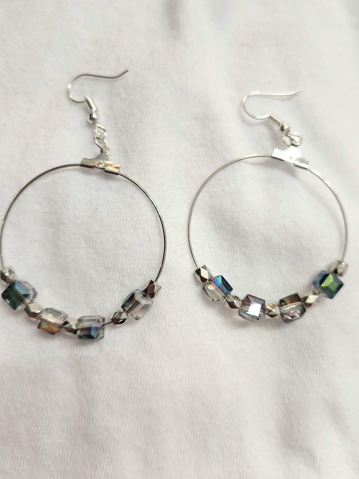 Silver Hoop Earring with Crystal Cube & Silver Beads