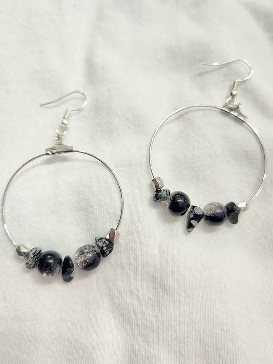 Silver Hoop Earrings with Two-Tone Black Beads