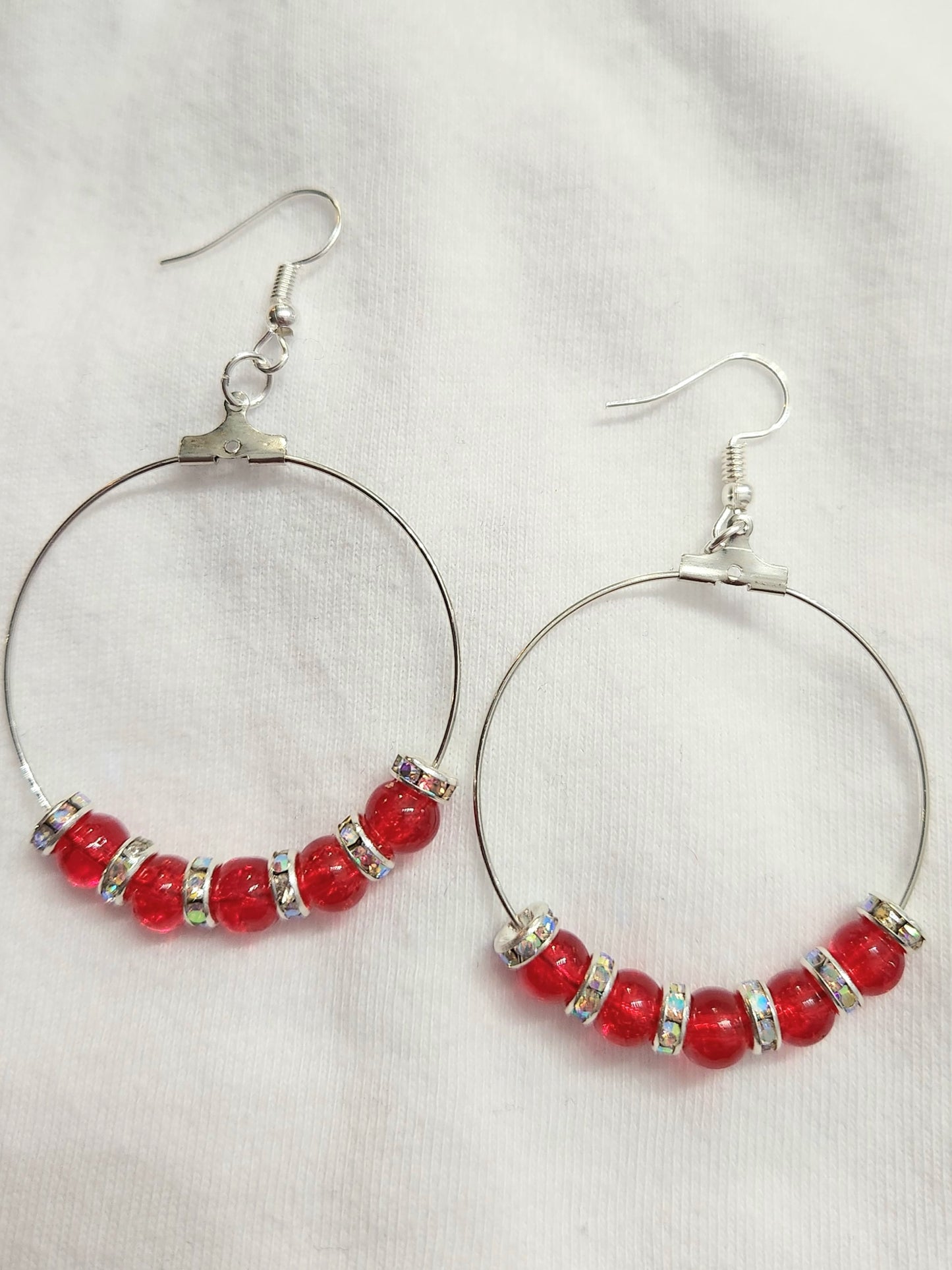 Silver Hoop Earrings with Red Beads and Silver Spacer Beads