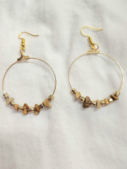 Gold Colored Hoop Earrings with Tan Colored Rock Beads