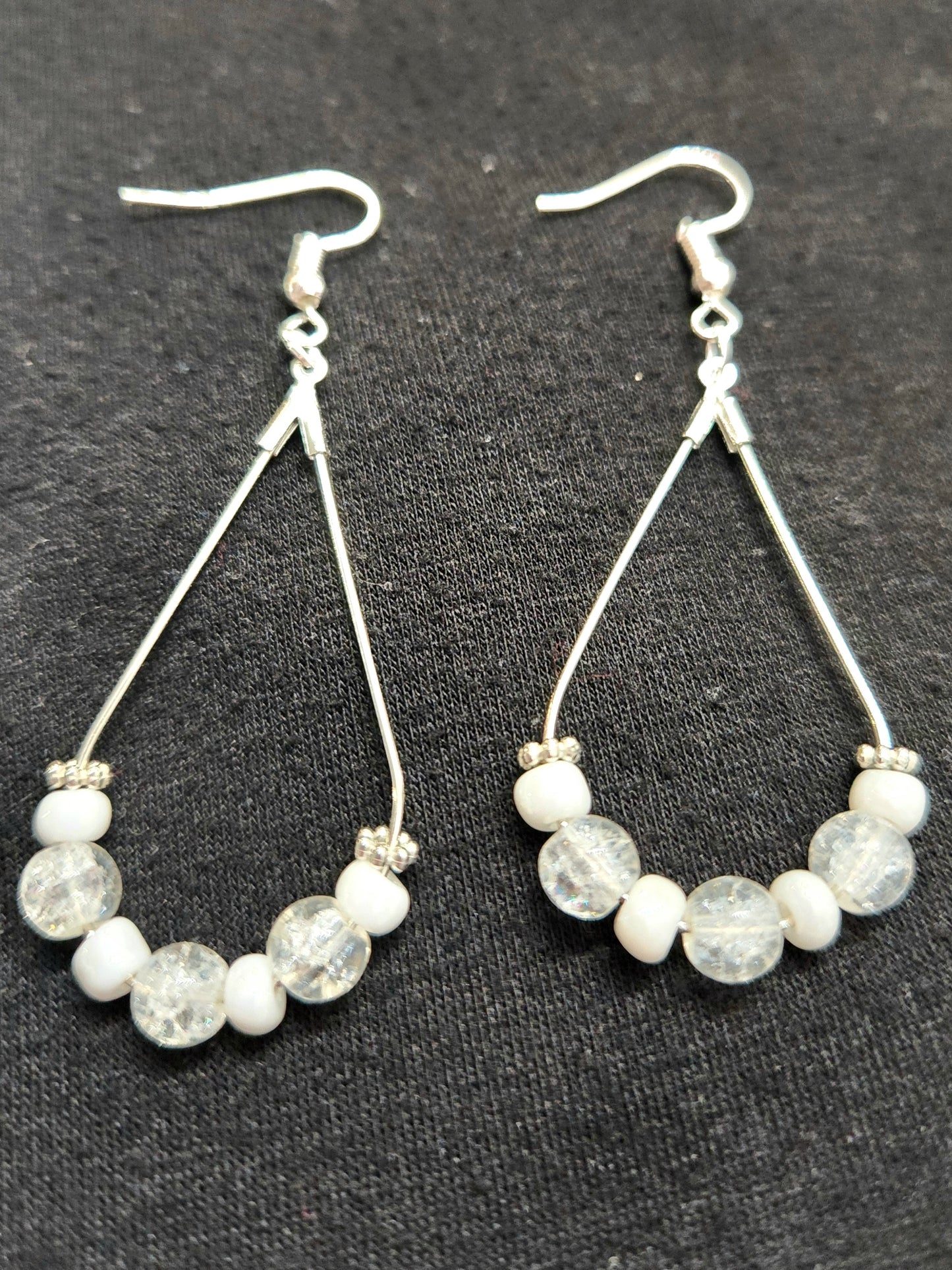 Silver Teardrop Earrings with Clear and White Beads