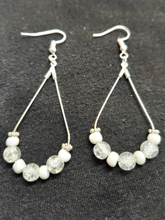 Silver Teardrop Earrings with Clear and White Beads