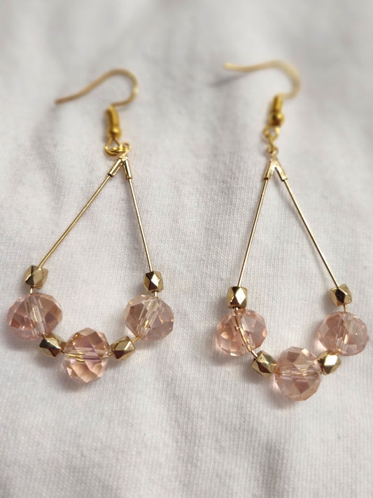 Gold Colored Teardrop Earrings with Pink and Gold Colored Beads