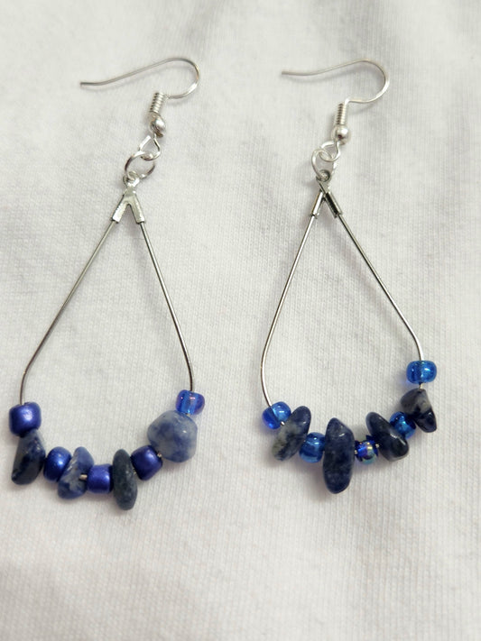 Silver Teardrop Earrings with Blue Colored Rocks and Beads