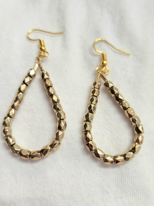 Gold Colored Teardrop Earrings with Gold Beads