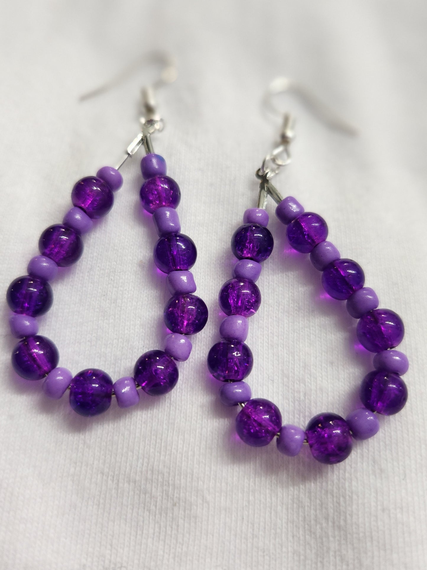 Silver Teardrop Earrings with Purple and Lavender Beads