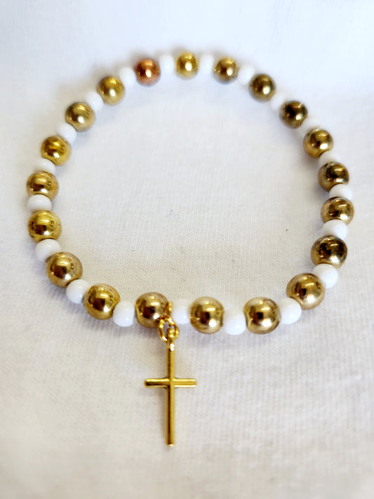 Gold Colored and White Elastic Cross Bracelet