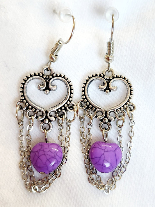 Purple Heart Stone with Chain Earrings